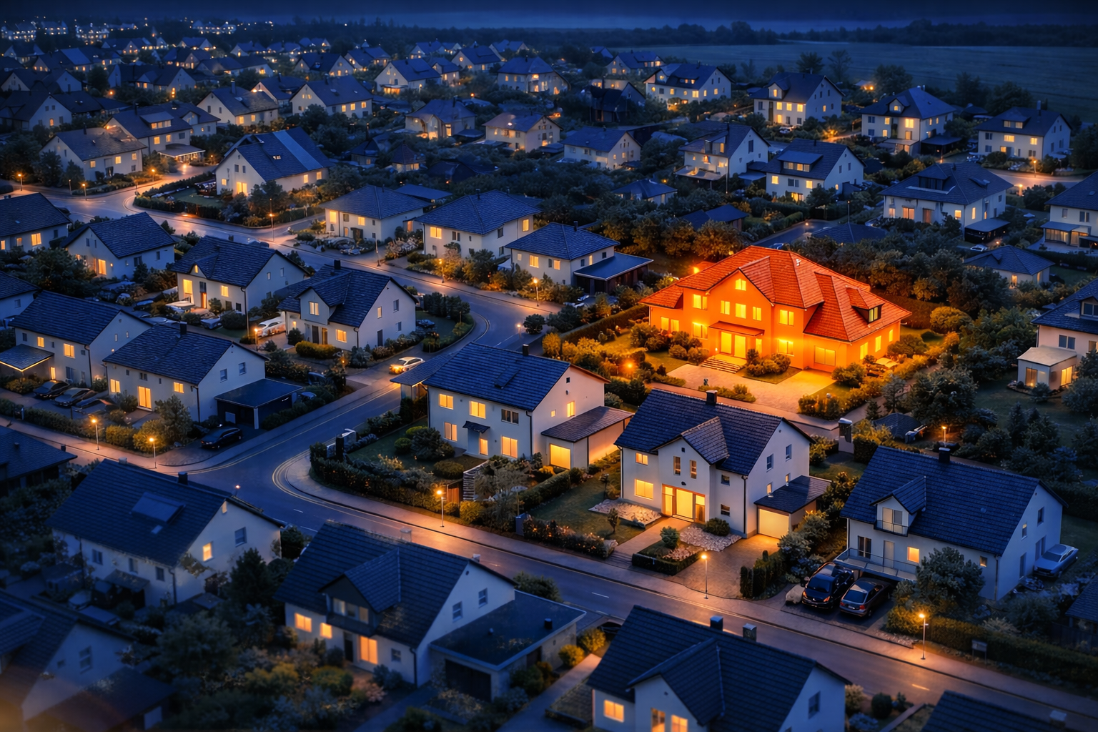 Aerial view of residential neighborhood at night with highlighted home